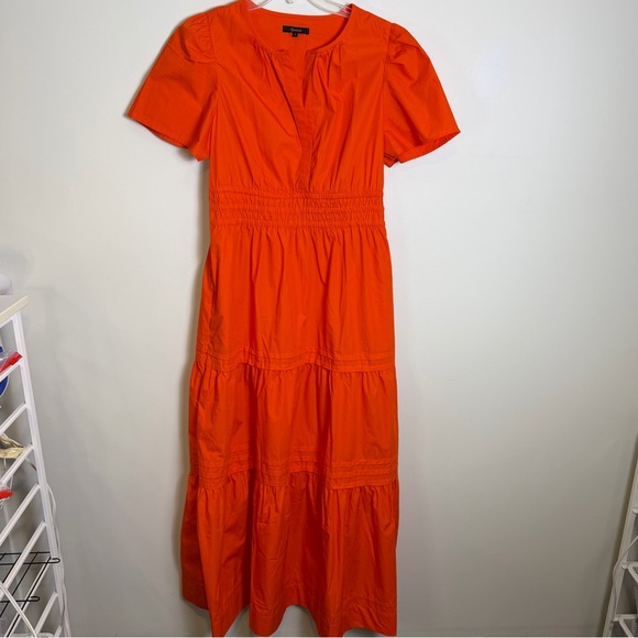 QUINCE Organic Poplin Tiered Maxi Dress, Orange / Red | Sz LG NWOT - Picture 2 of 8